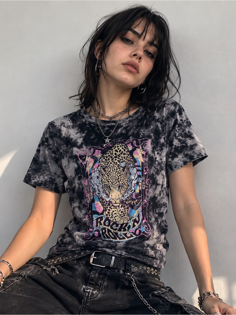 Y2K Acid Wash Leopard Graphic Tee Rock N Roll Grunge Tie Dye Shirt Small